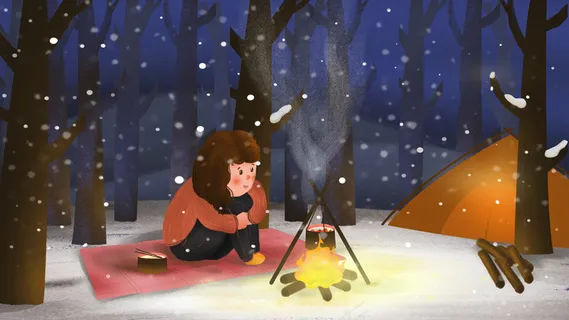 二十四节气大寒森林露营的女孩