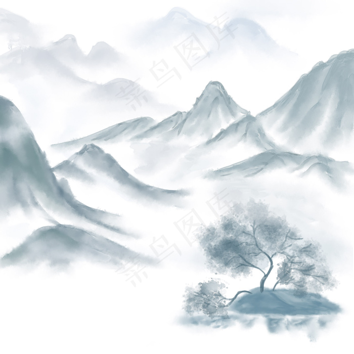 中国风山水水墨重山流水,免抠元素(2000*2000px)psd模版下载