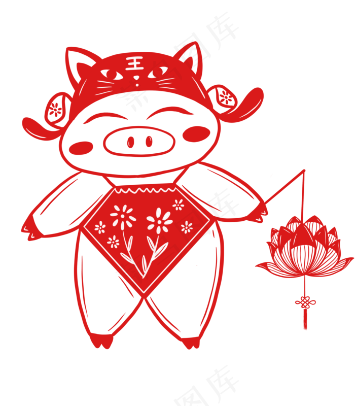 手绘小清新猪年剪纸拿着荷花灯的(3500X4000(DPI:132))psd模版下载