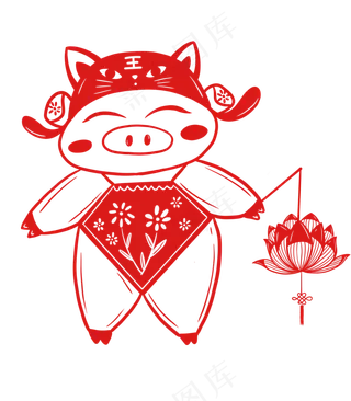 手绘小清新猪年剪纸拿着荷花灯的