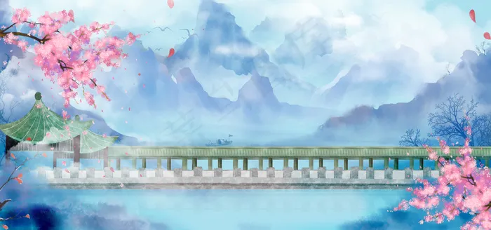 清新蓝色古风山水廊桥风景