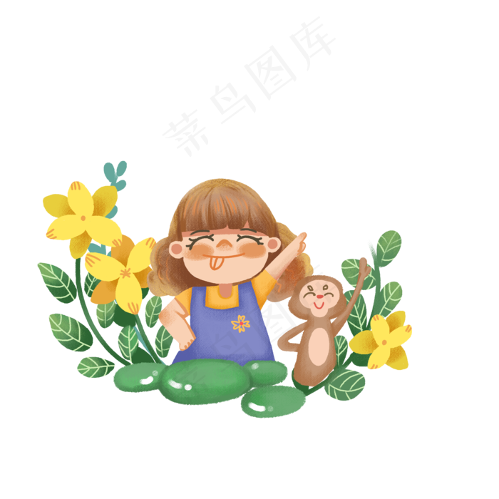 处暑植物女孩和猴子可爱插画