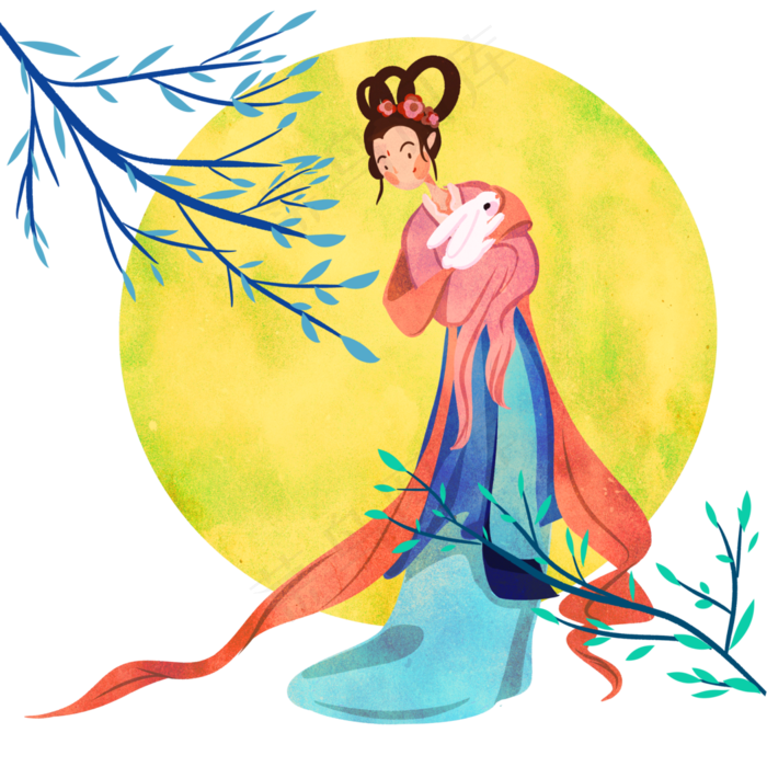 中秋嫦娥仙子抱玉兔佳节,免抠元素(3500*3500px 300 dpi )psd模版下载