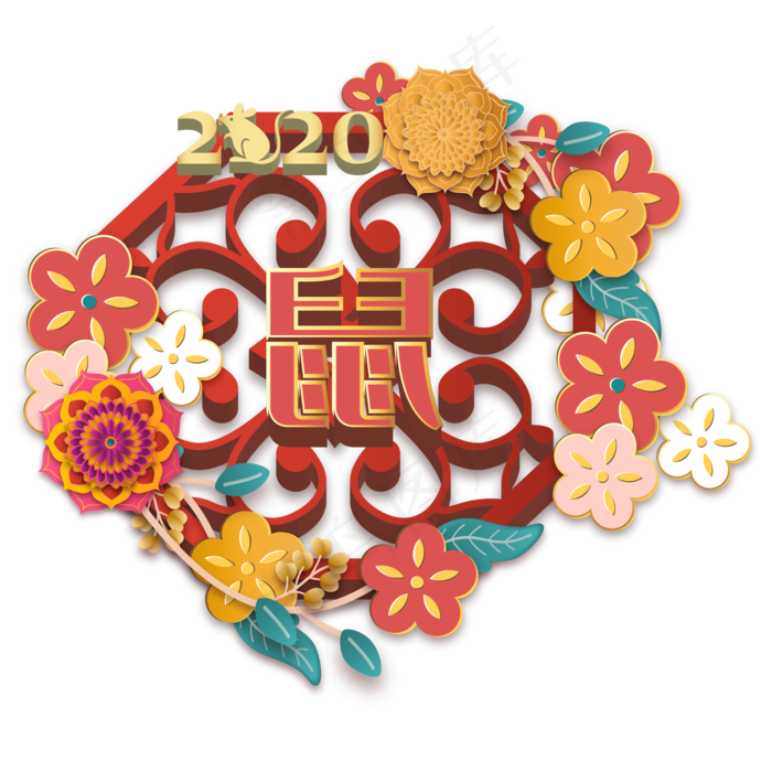 新年花朵立体红金色窗花,免抠元素