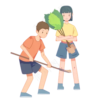 手绘植树节男孩和女孩辛勤植树