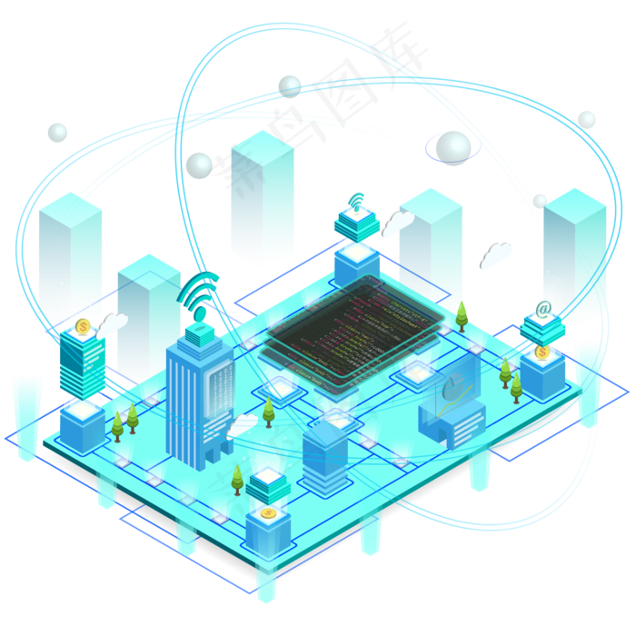 2.5D科技互联网城市网络数据程序,免抠元素