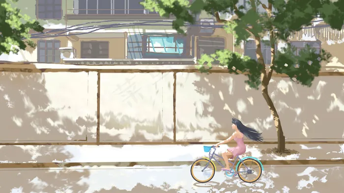 炎热夏天亮色街头骑单车女孩(2880*1620px 300 dpi )psd模版下载