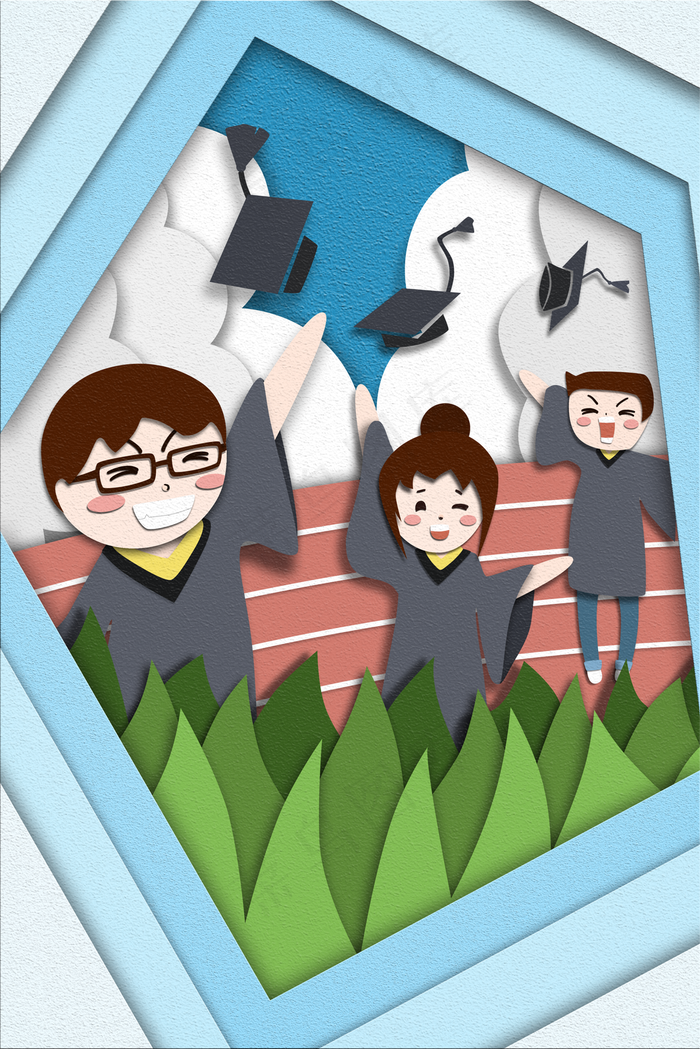 毕业季操场上同学们欢笑着向天空扔学士帽