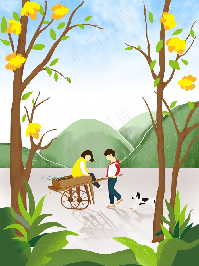 春天踏青春游植树情侣卡通手绘背景