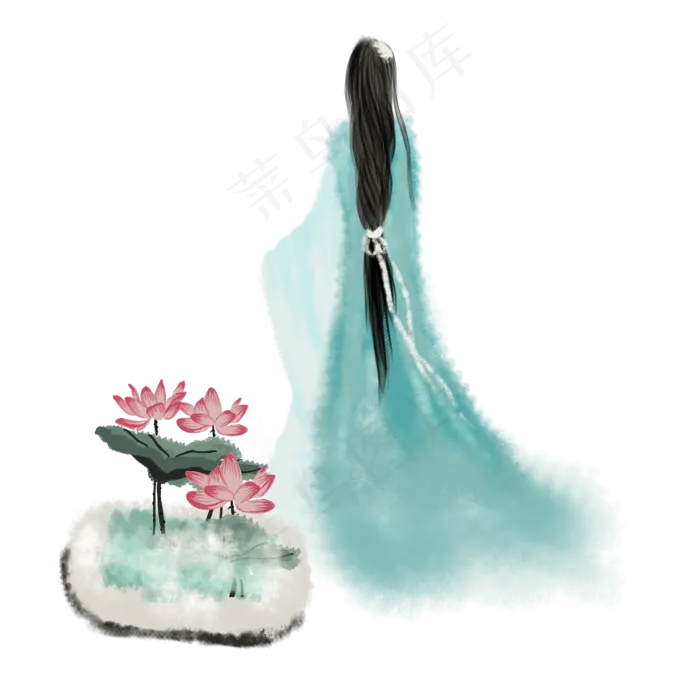 手绘中国风人物荷花水墨画PNG(2000X2000(DPI:300))psd模版下载