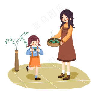 清明节家人祭祖蒸青团吃青团手绘