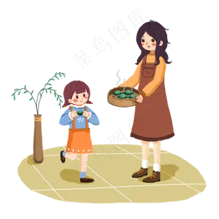 清明节家人祭祖蒸青团吃青团手绘