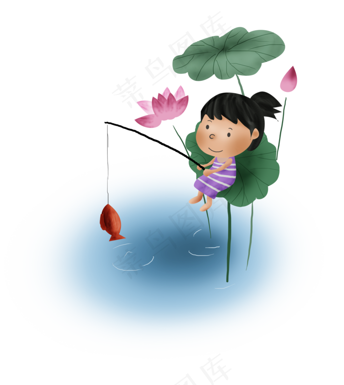 暑假夏日夏季大暑小暑荷叶上钓鱼