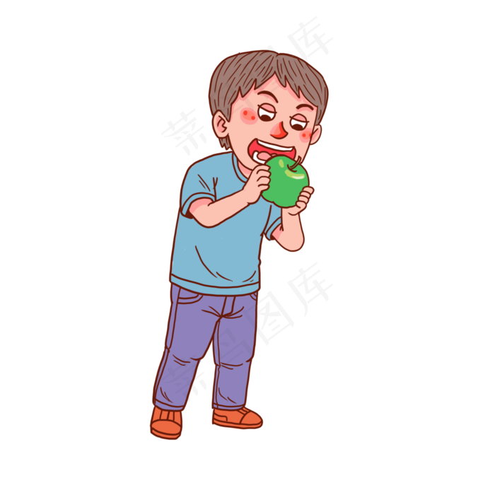 卡通人物吃苹果男孩