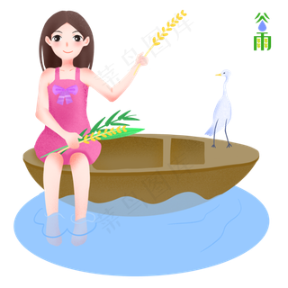 谷雨女孩坐船喂鸭子