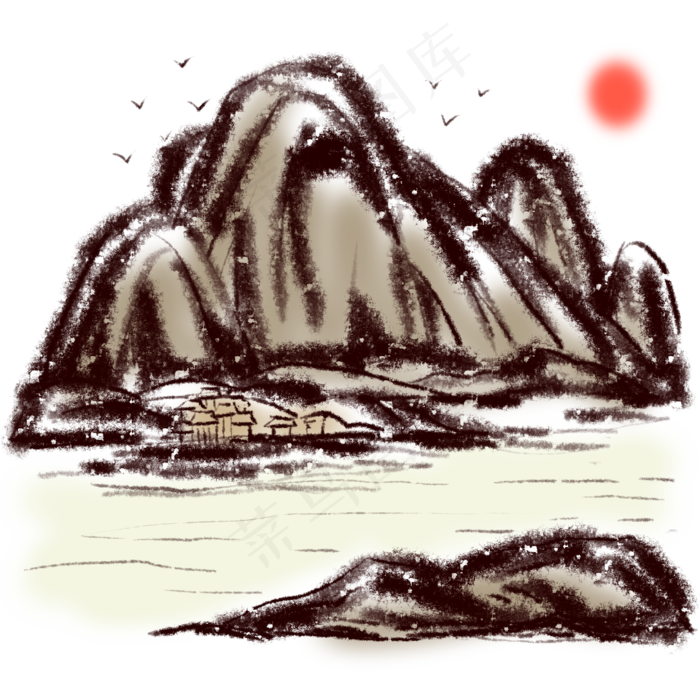 中国风水墨山水与大雁