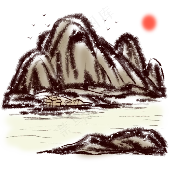 中国风水墨山水与大雁