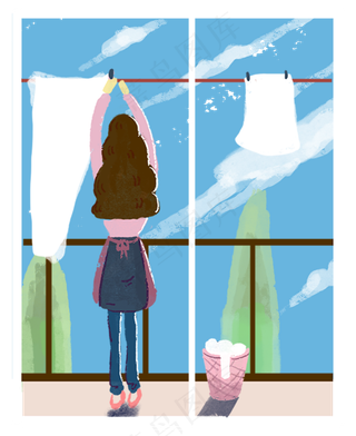女人晒衣服