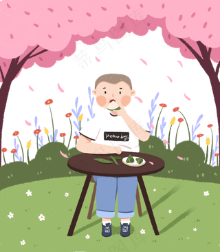 端午节樱花树下吃粽子的人下载