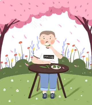 端午节樱花树下吃粽子的人下载