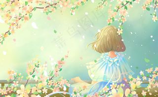 清新治愈风春分女孩明信片