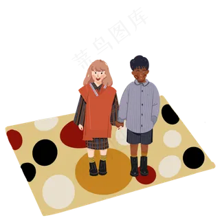 小男孩和小女孩手拉手站在地毯上