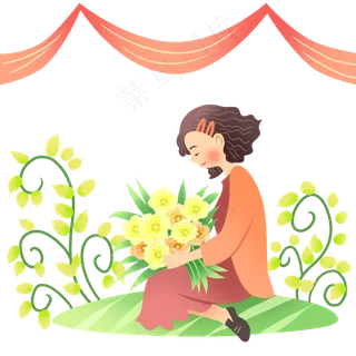 中元节拿着鲜花女孩,免抠元素