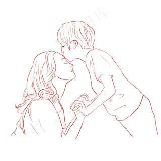 母亲节之亲子互动亲吻母亲线稿免