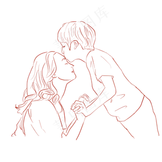 母亲节之亲子互动亲吻母亲线稿免
