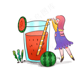 夏天卡通可爱女孩喝西瓜果汁免扣