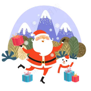 圣诞节老人雪山礼物雪人快乐PNG,免抠元素 圣诞节老人雪山礼物雪人快乐PNG,免抠元素