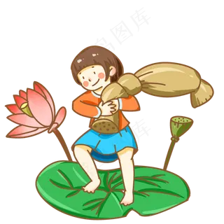 夏天抱着莲藕的女孩手绘
