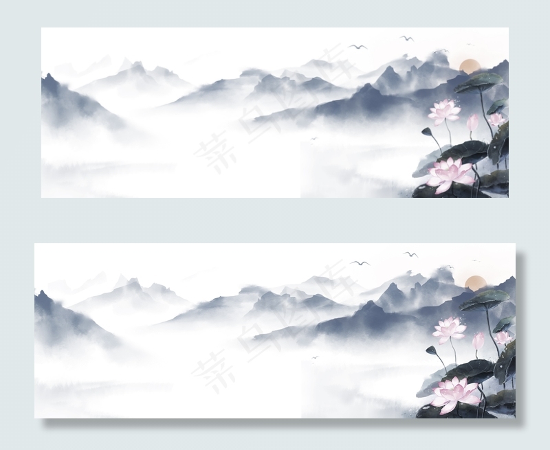 中国风水墨夏季荷塘水墨山背景