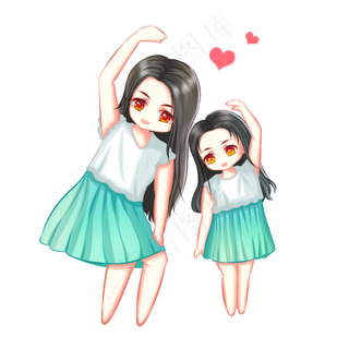 手绘Q版母亲节亲子装