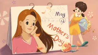 粉色母亲节女儿给妈妈送花过节