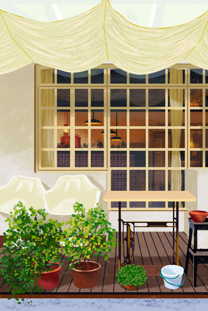 夏天午后窗边小景原创质感插画