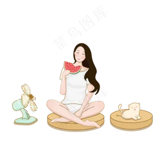 吹风扇吃西瓜女孩和猫咪psd插