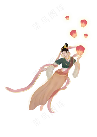 手绘古风女子与孔明灯