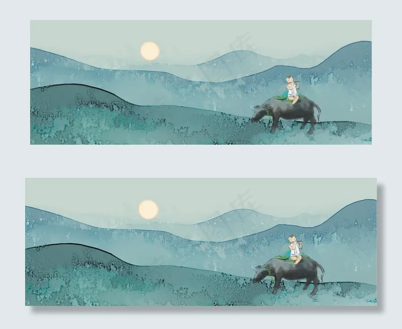 青绿色春季水墨banner(1920*700px 	       )psd模版下载