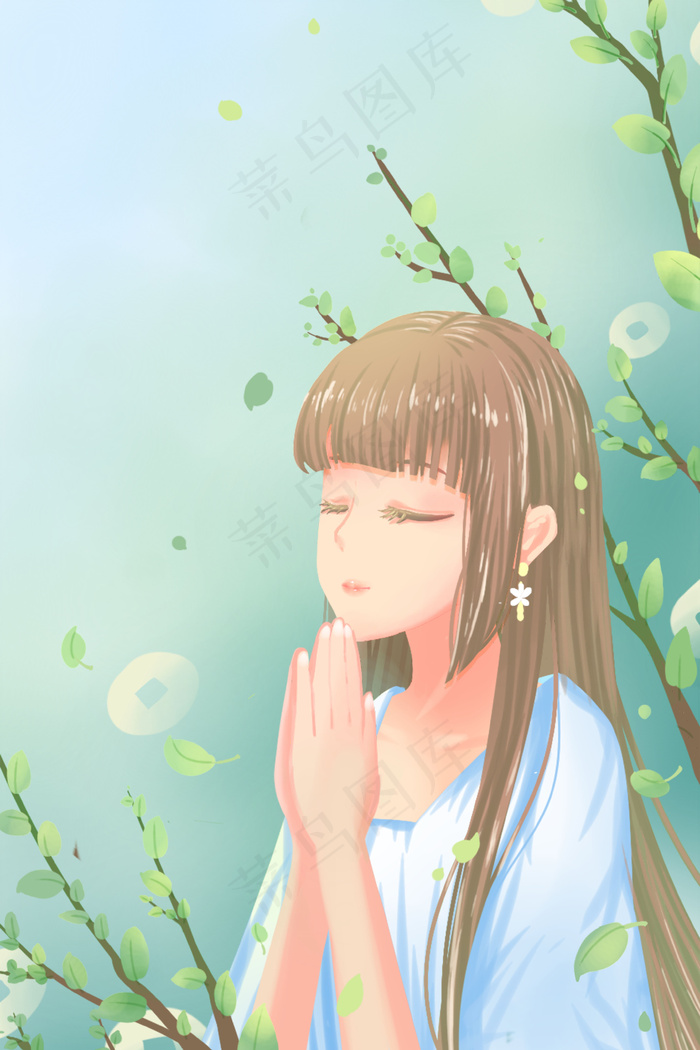 绿色唯美卡通小清新夏季少女祈福祈祷配图(3545*5315px 300 dpi )psd模版下载