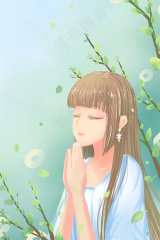 绿色唯美卡通小清新夏季少女祈福祈祷配图