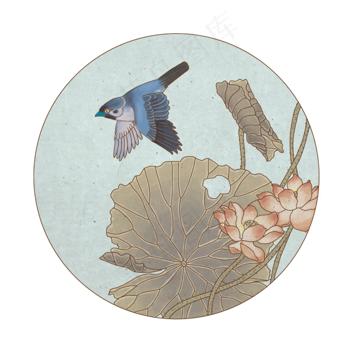 荷花飞鸟夏季风景插画装饰画