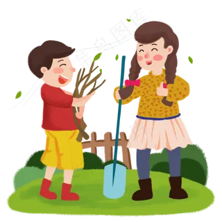 植树节姐弟抱树苗铁锹植树