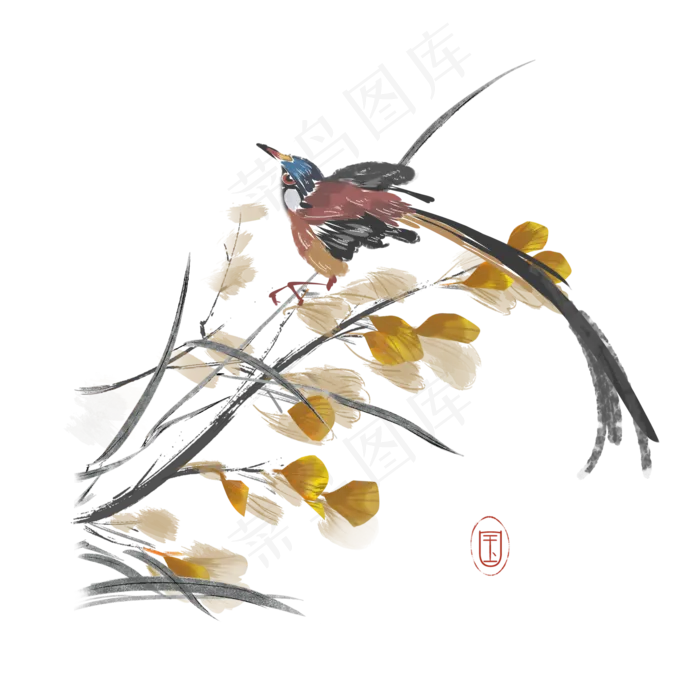 水墨花鸟小鸟素材,免抠元素(2000X2000(DPI:300))psd模版下载