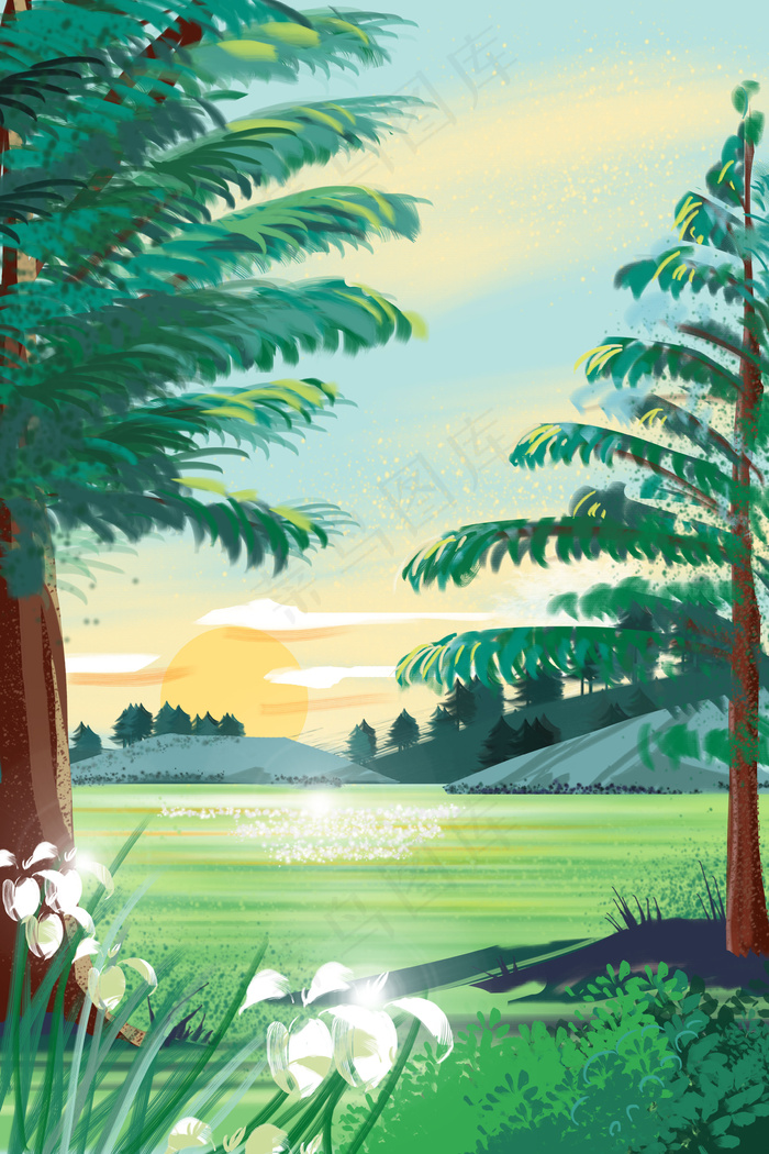 夏天节气山水风景背景插图
