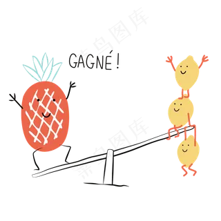 手绘菠萝在玩跷跷板免抠图