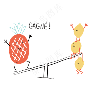 手绘菠萝在玩跷跷板免抠图