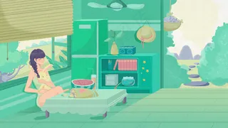 绿色夏季清新女孩乘凉日系