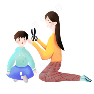 二月二龙抬头妈妈给儿子理发,免抠元素