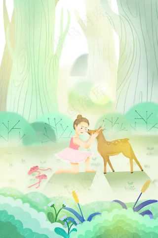 治愈林间女孩与鹿